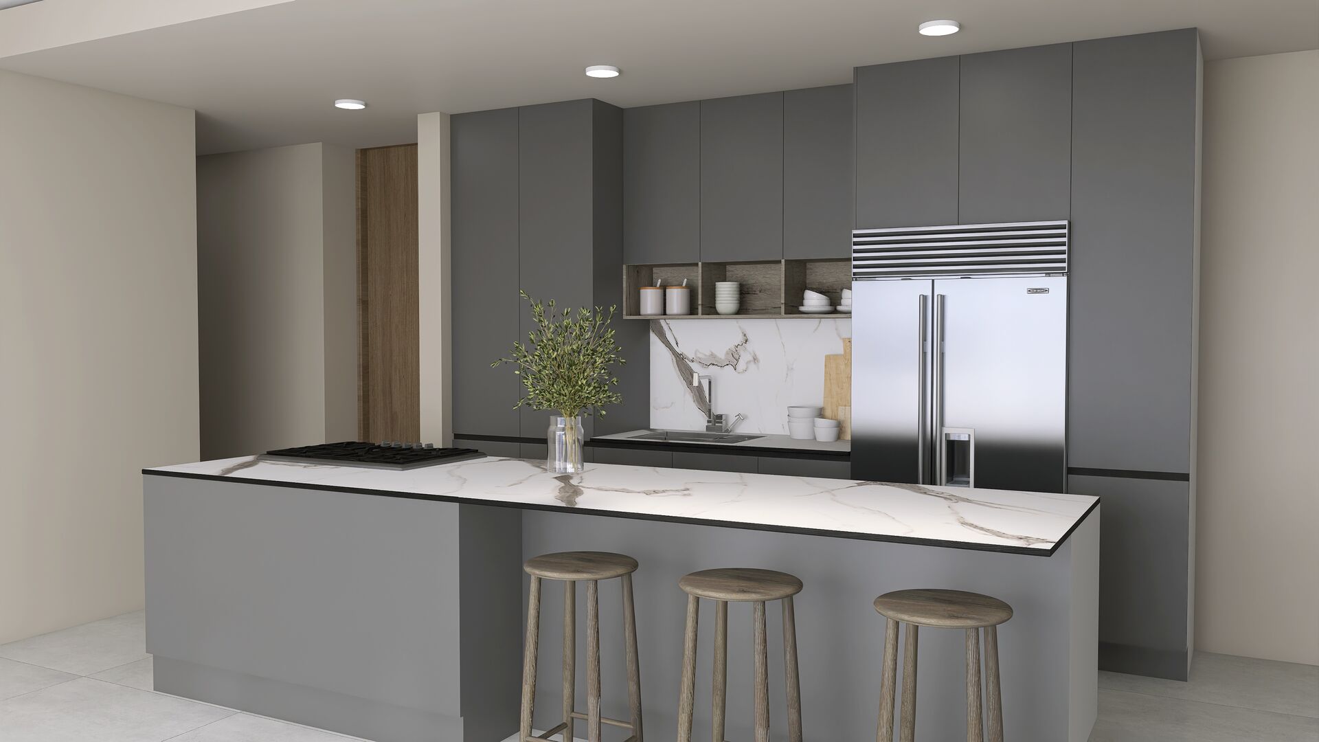 Cocina gris con isla y cubierta Khör